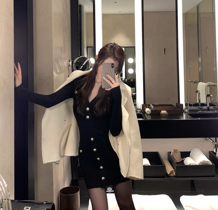 Button-Down Mini Dress With V-Neck