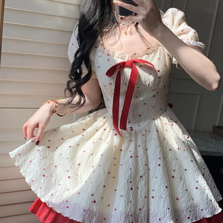 Mini Dress With Short Puff Sleeves And Bows