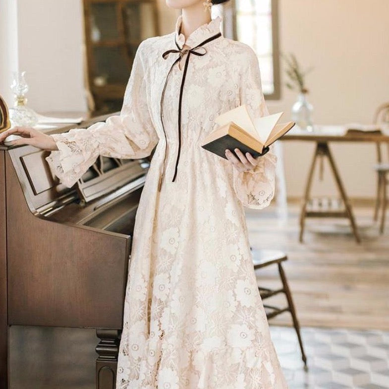 High-Neck Lace Dress With Lantern Sleeves And Ribbon
