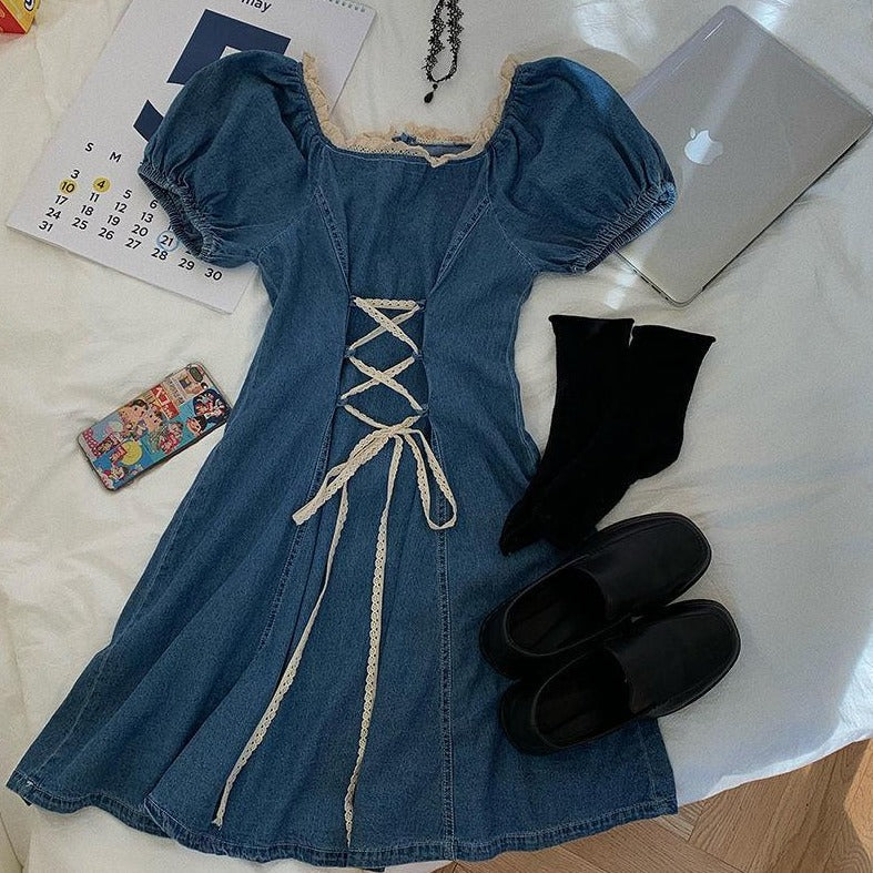 Denim Dress With Puff Sleeves And Square Collar