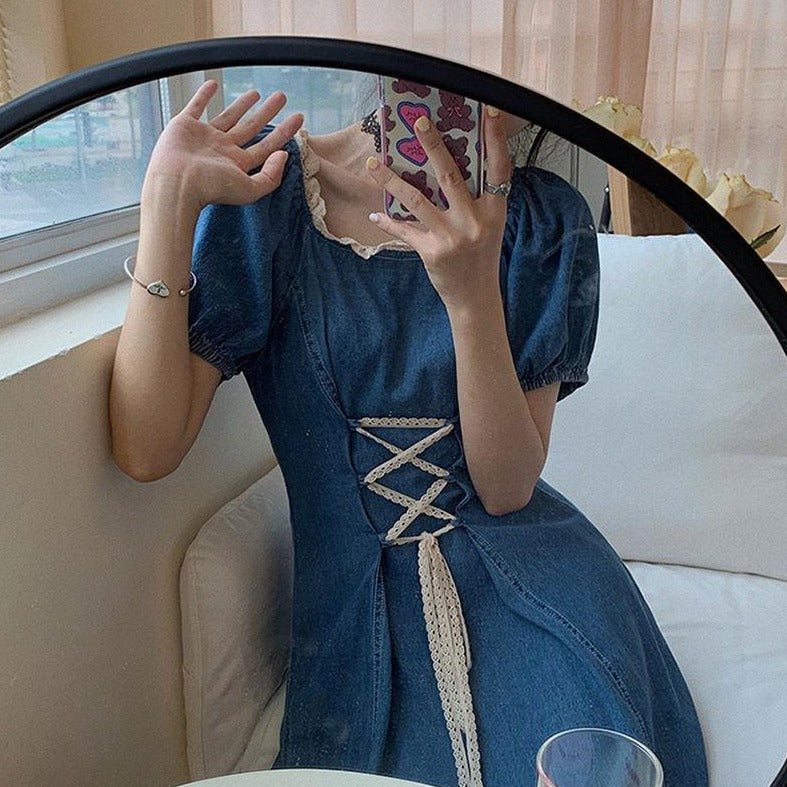 Denim Dress With Puff Sleeves And Square Collar