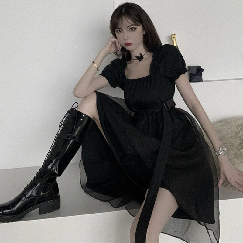 High-Low Dress With Puff Sleeves And Mesh Layer