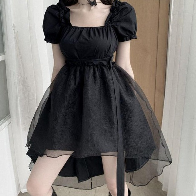High-Low Dress With Puff Sleeves And Mesh Layer