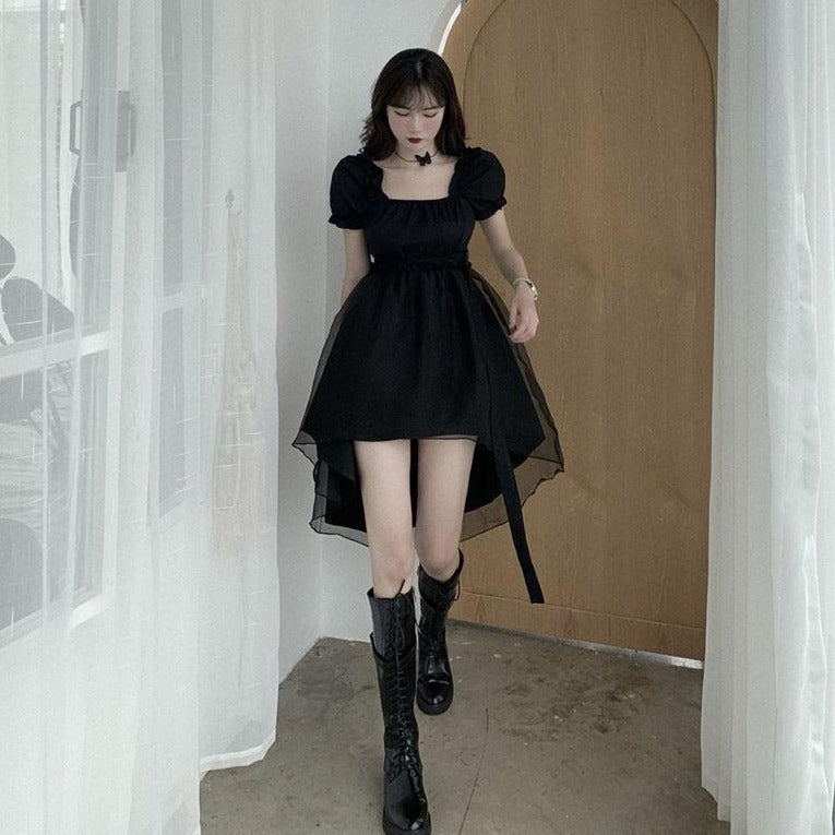 High-Low Dress With Puff Sleeves And Mesh Layer