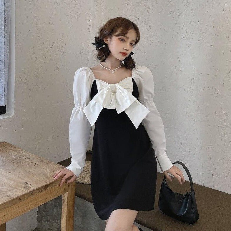 Two-Colored Mini Dress With Large Bow And Puff Sleeves (Available With Short Or Long Sleeves!)