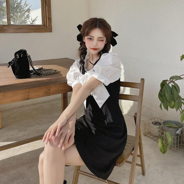 Two-Colored Mini Dress With Large Bow And Puff Sleeves (Available With Short Or Long Sleeves!)