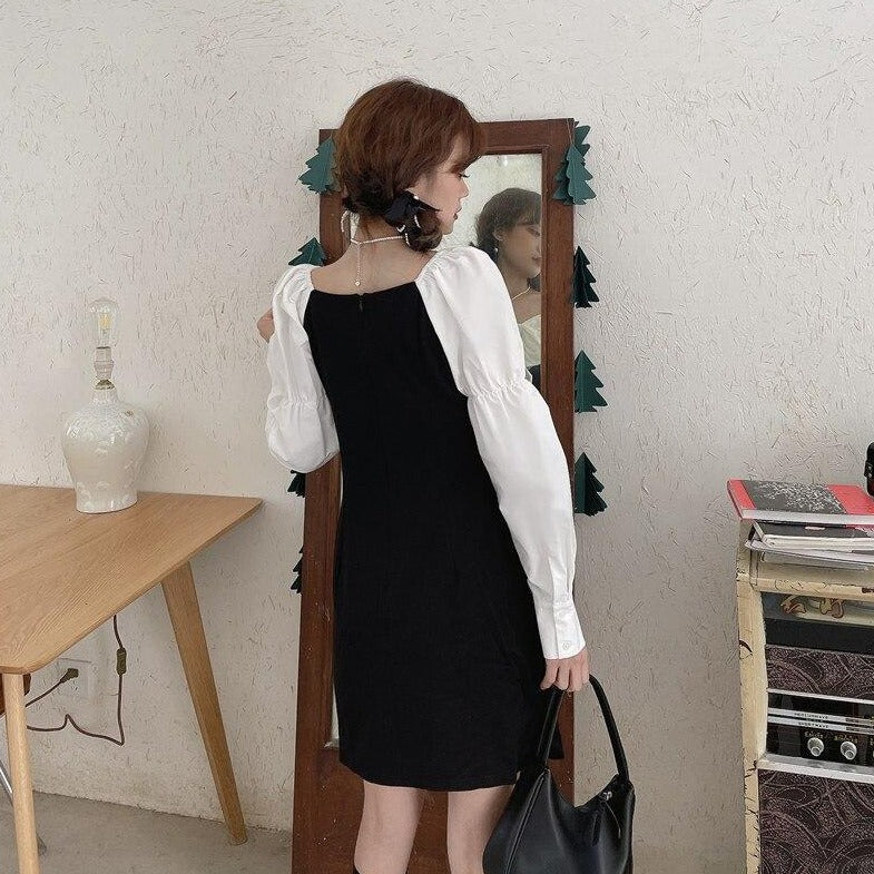 Two-Colored Mini Dress With Large Bow And Puff Sleeves (Available With Short Or Long Sleeves!)
