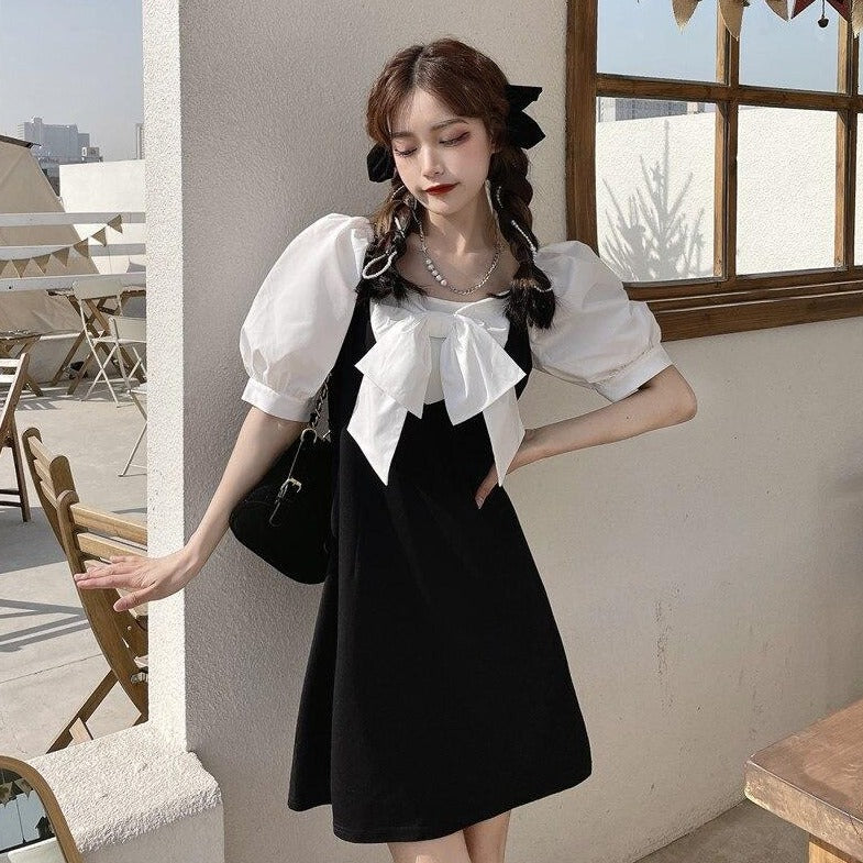 Two-Colored Mini Dress With Large Bow And Puff Sleeves (Available With Short Or Long Sleeves!)