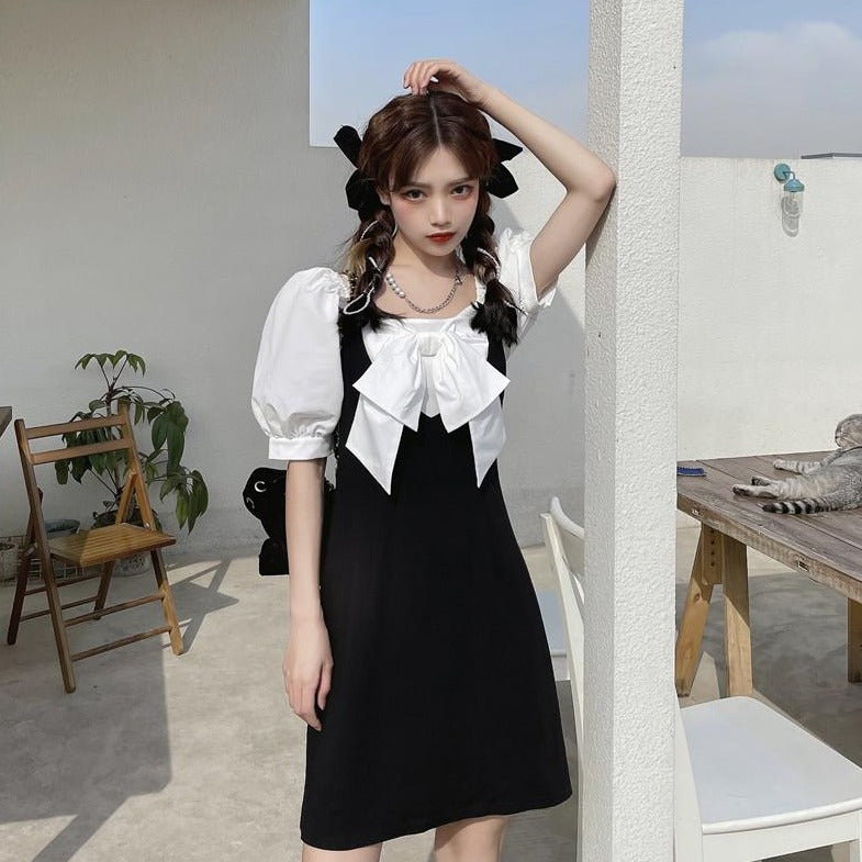 Two-Colored Mini Dress With Large Bow And Puff Sleeves (Available With Short Or Long Sleeves!)