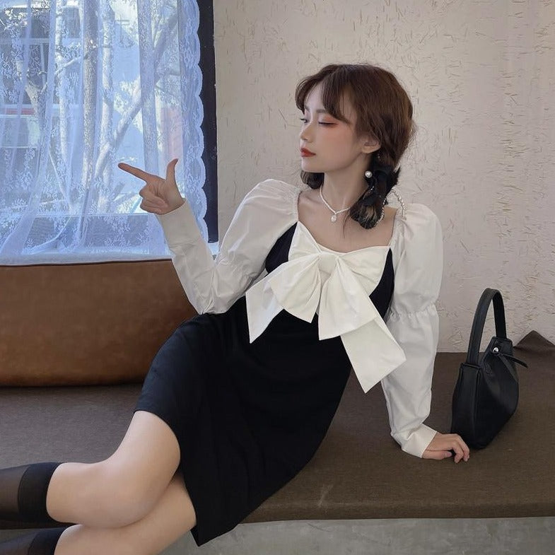 Two-Colored Mini Dress With Large Bow And Puff Sleeves (Available With Short Or Long Sleeves!)