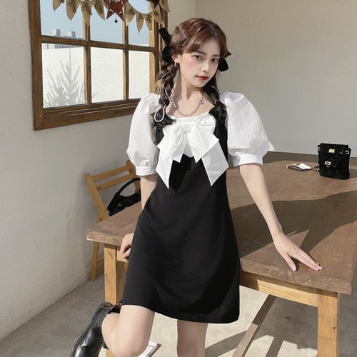 Two-Colored Mini Dress With Large Bow And Puff Sleeves (Available With Short Or Long Sleeves!)