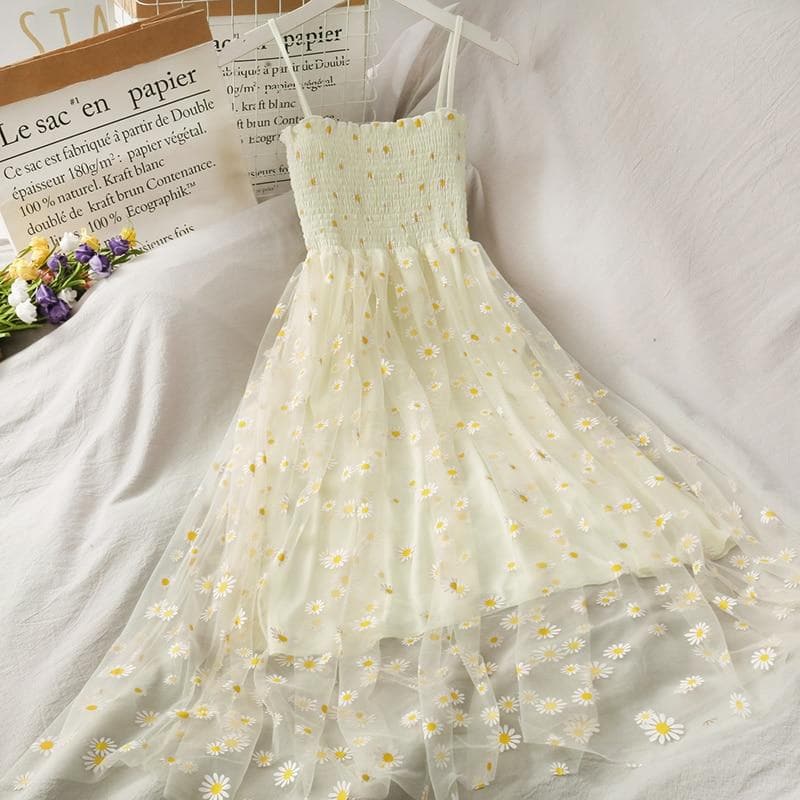 Sleeveless Daisy Dress With Mesh Layer