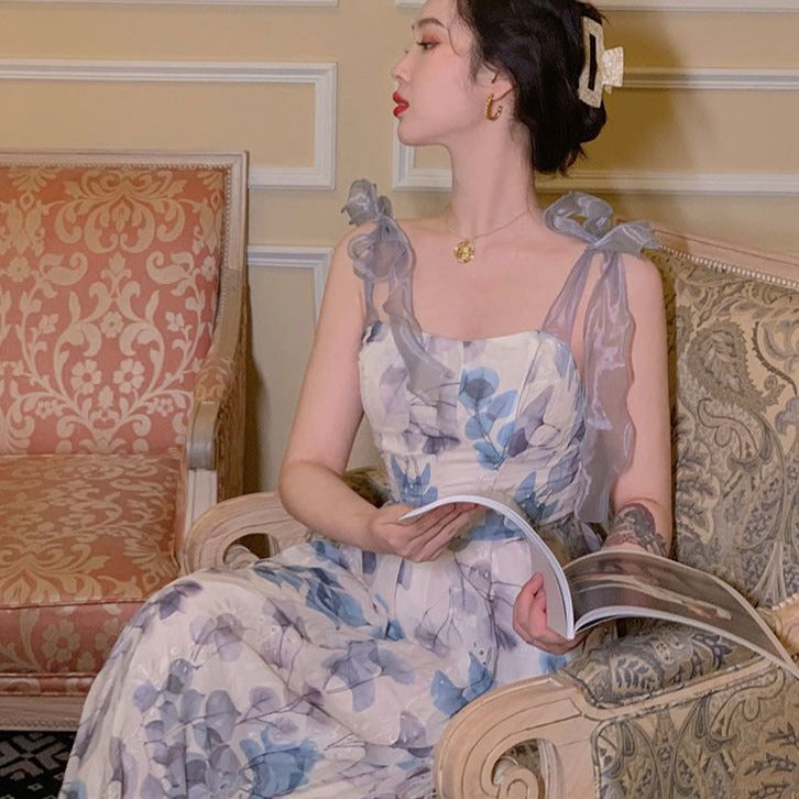 Midi Dress With Floral Print And Ribbon Straps