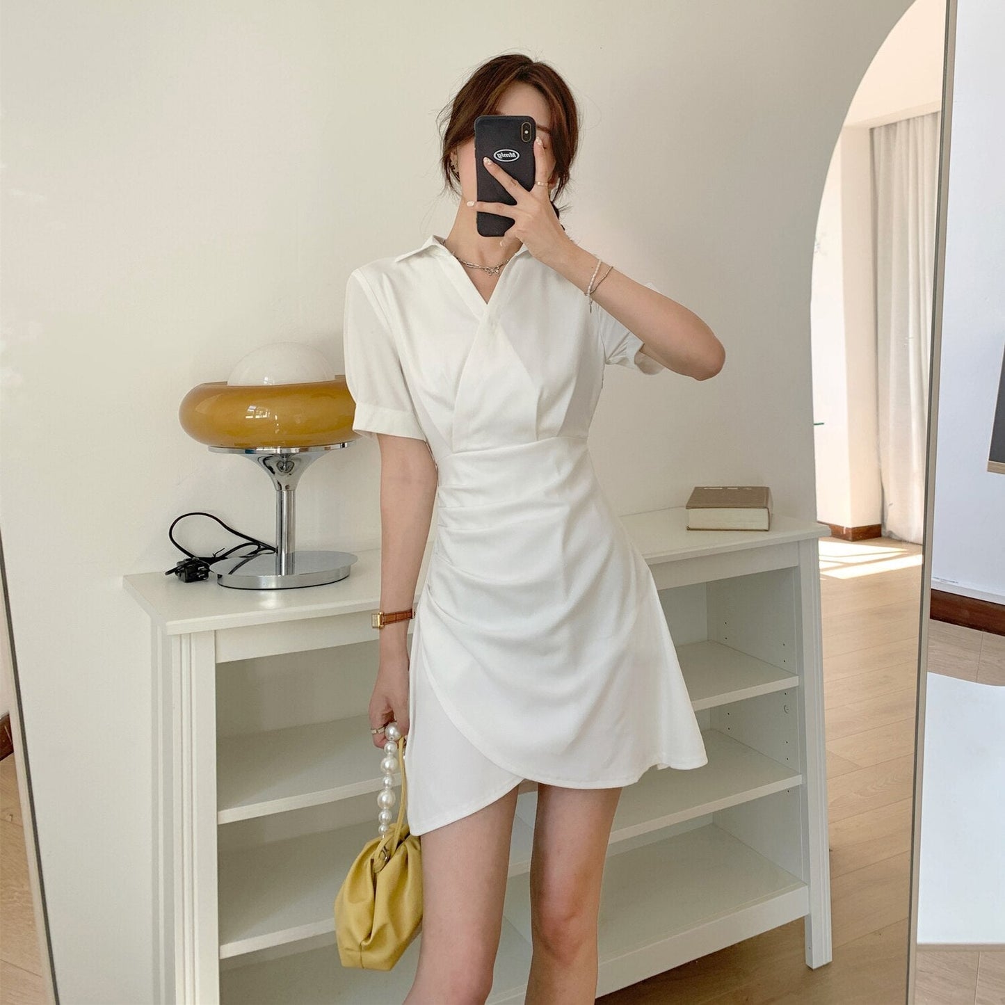 Wrap-Style Mini Dress With Turn-Down Collar