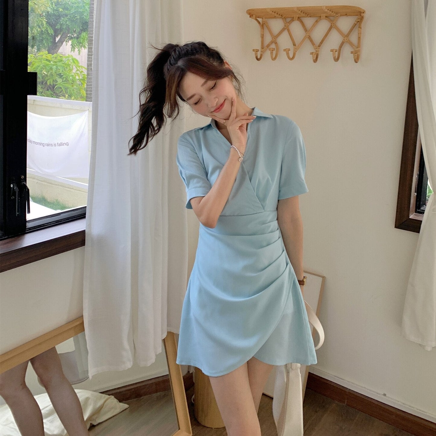 Wrap-Style Mini Dress With Turn-Down Collar