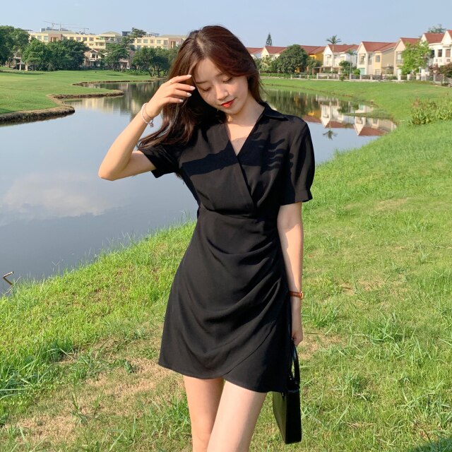Wrap-Style Mini Dress With Turn-Down Collar