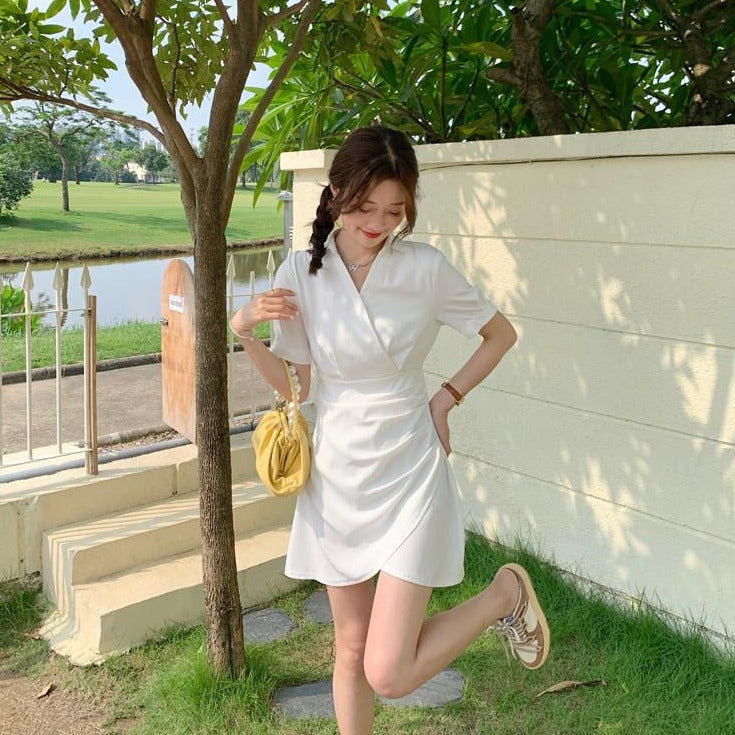 Wrap-Style Mini Dress With Turn-Down Collar