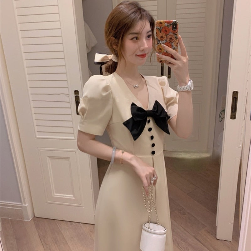 Midi V-Neck Dress With Buttons And Chest Bow (Short Sleeves Or Sleeveless!)