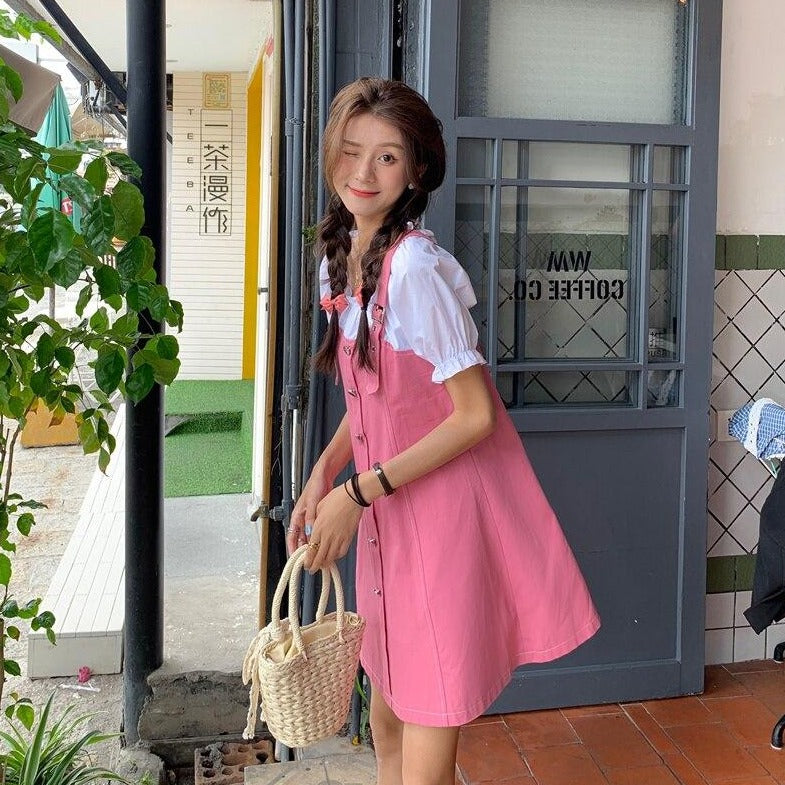 2-in-1 Button-Down Dungaree Dress + Ruffle Blouse With Puff Sleeves
