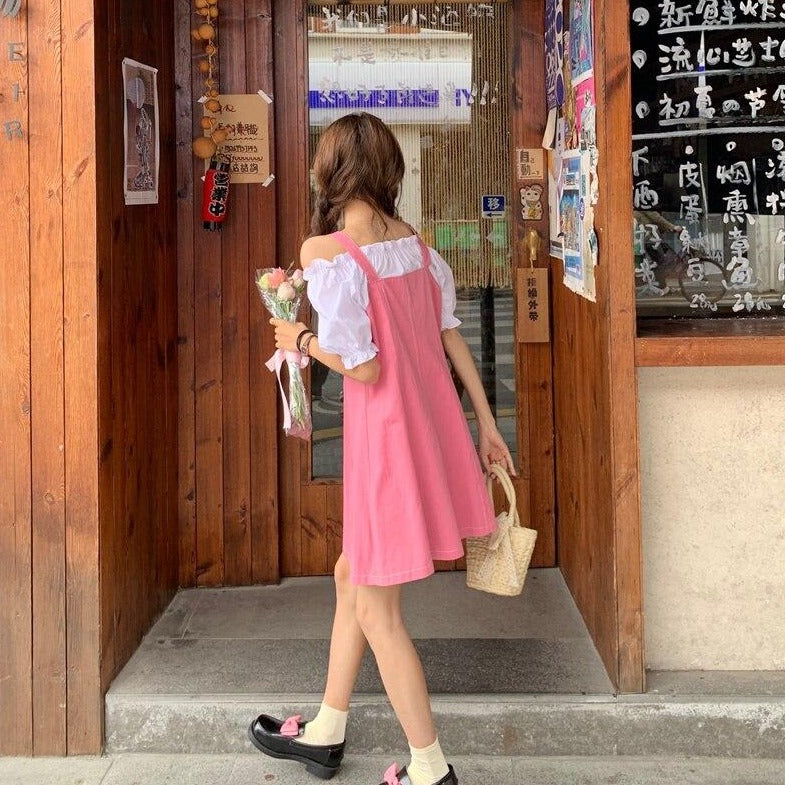 2-in-1 Button-Down Dungaree Dress + Ruffle Blouse With Puff Sleeves