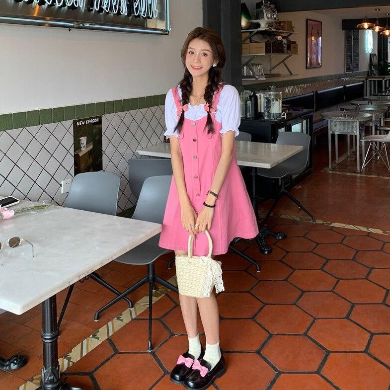 2-in-1 Button-Down Dungaree Dress + Ruffle Blouse With Puff Sleeves