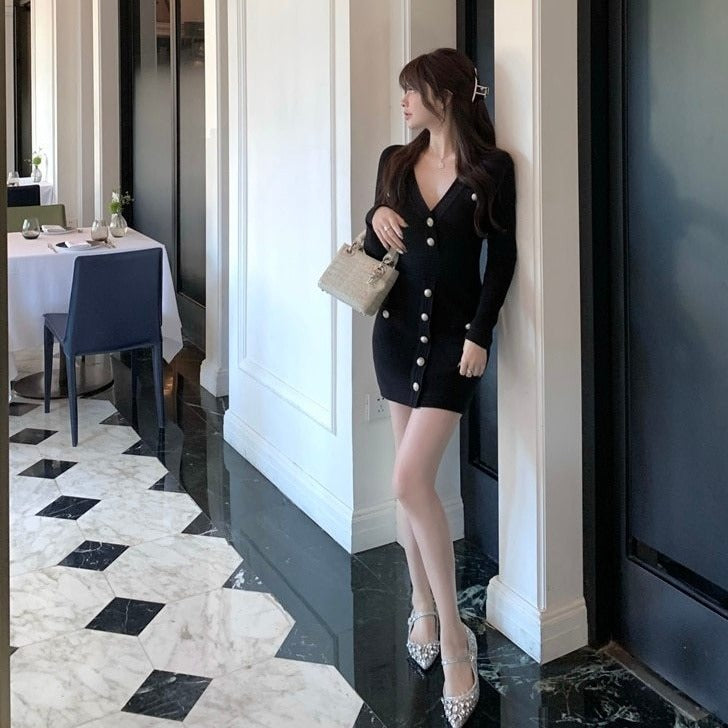 Button-Down Mini Dress With V-Neck