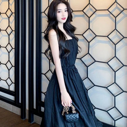 Chiffon A-Line Dress With Spaghetti Straps And Waistband