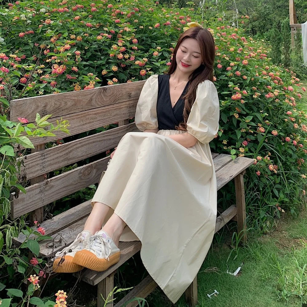 Two Colored Long Fairy Dress With V-Neck