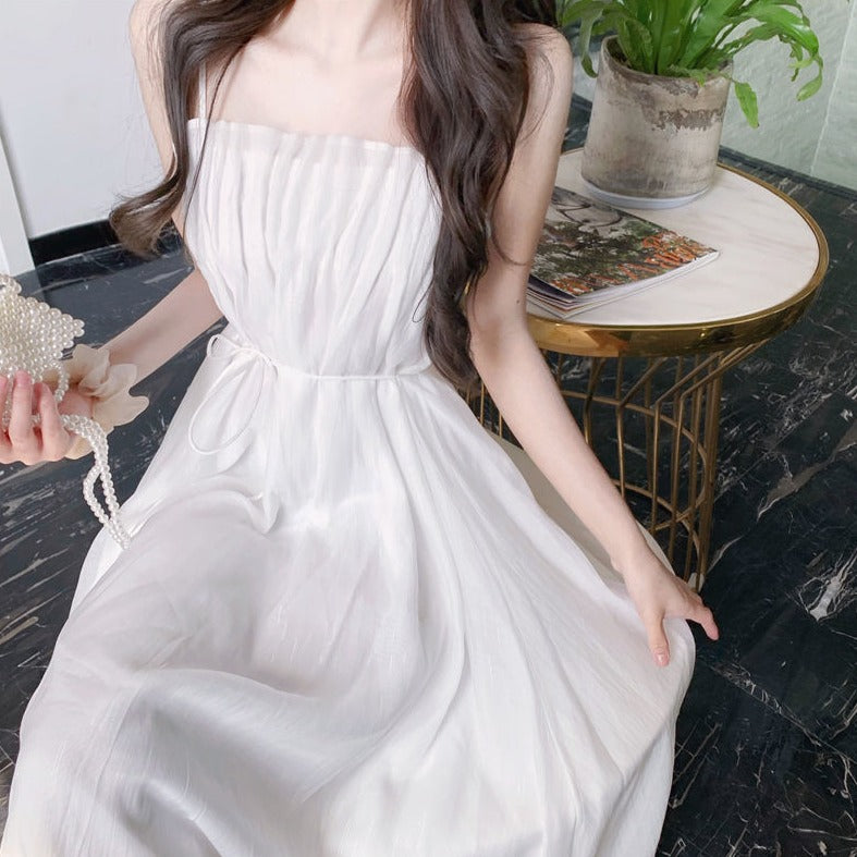 Chiffon A-Line Dress With Spaghetti Straps And Waistband