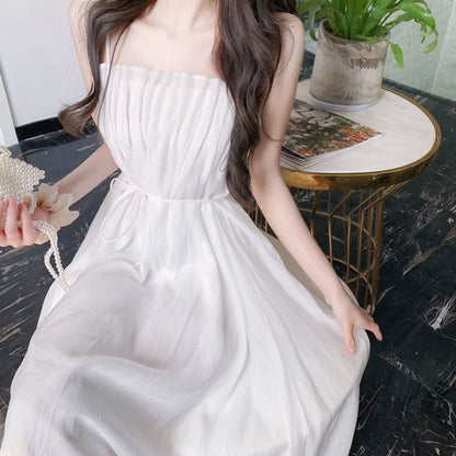 Chiffon A-Line Dress With Spaghetti Straps And Waistband