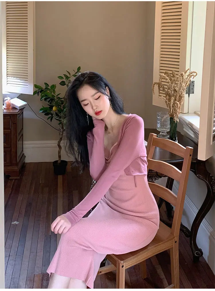 Two-Pieces: Elegant Long Strap Dress & Cropped Long Sleeved Top