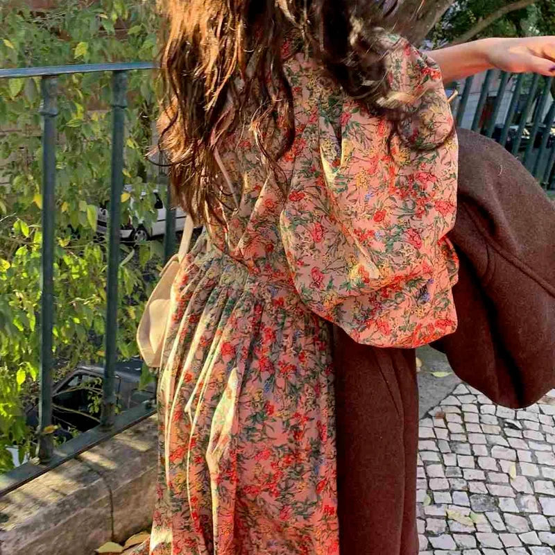 Vintage-Style A-Line Floral Dress With Square Neck