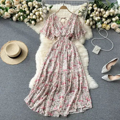 Elegant Ruffled Midi Dress With Floral Print
