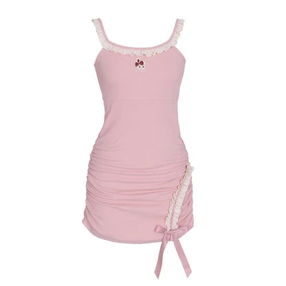 Kawaii Style Two Piece Set: Cute Cardigan + Ruched Lace Dress
