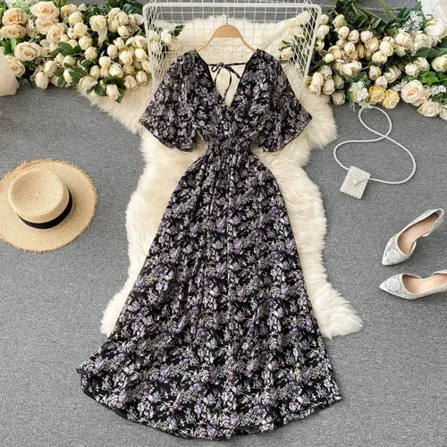 Elegant Ruffled Midi Dress With Floral Print