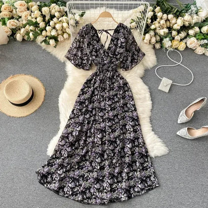 Elegant Ruffled Midi Dress With Floral Print
