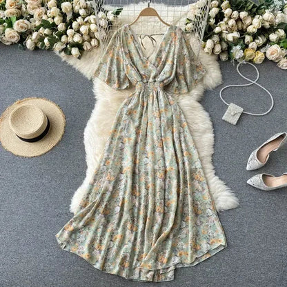 Elegant Ruffled Midi Dress With Floral Print