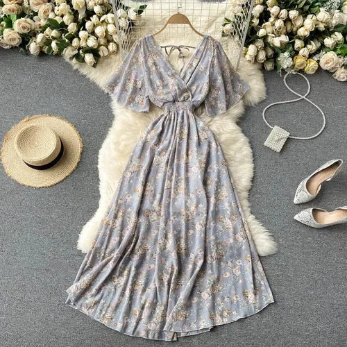 Elegant Ruffled Midi Dress With Floral Print