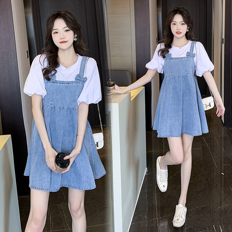Outfit-Set: Denim Dress With Bow + Tee With Puff Sleeves