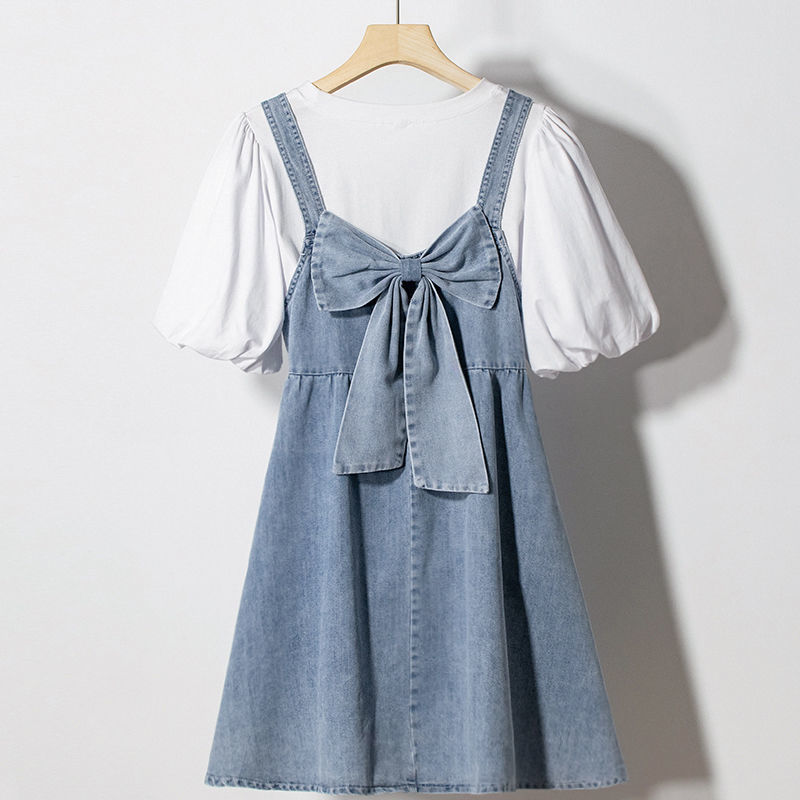 Outfit-Set: Denim Dress With Bow + Tee With Puff Sleeves
