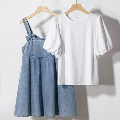 Outfit-Set: Denim Dress With Bow + Tee With Puff Sleeves