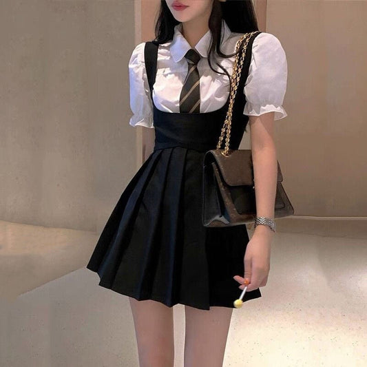 Two-Piece-Set:  Puff-Sleeved Blouse with Tie + Mini Pleated Dress