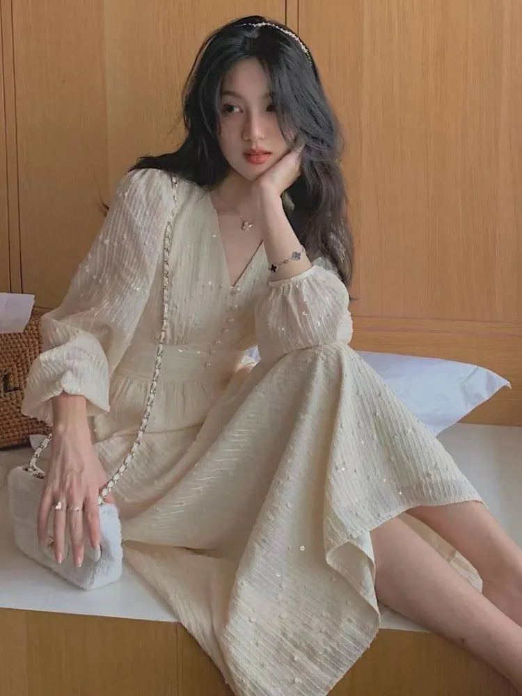 Elegant Puff Sleeved Midi Dress With Buttons