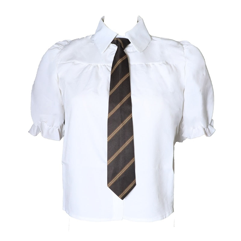 Two-Piece-Set:  Puff-Sleeved Blouse with Tie + Mini Pleated Dress
