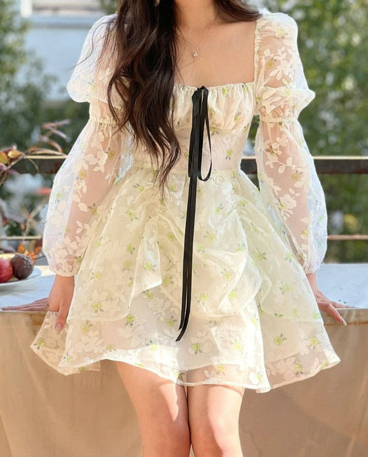 Vintage Floral Lace Mini Dress With Black Ribbon and Latern Sleeves