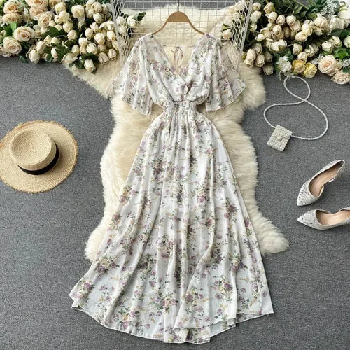 Elegant Ruffled Midi Dress With Floral Print