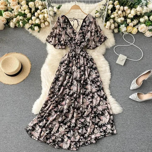 Elegant Ruffled Midi Dress With Floral Print