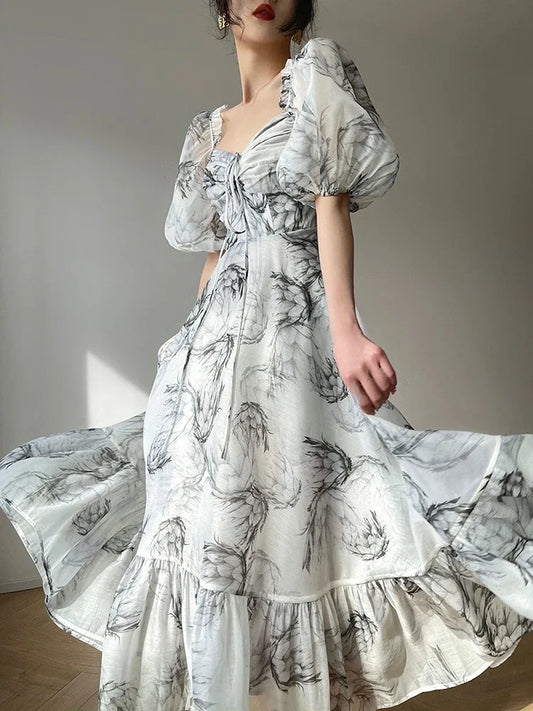 Summer Floral Printed Dress With Puffed Sleeves