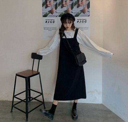 Two-Piece-Set: Puff Sleeve Shirt + Sleeveless Midi Strap Dress