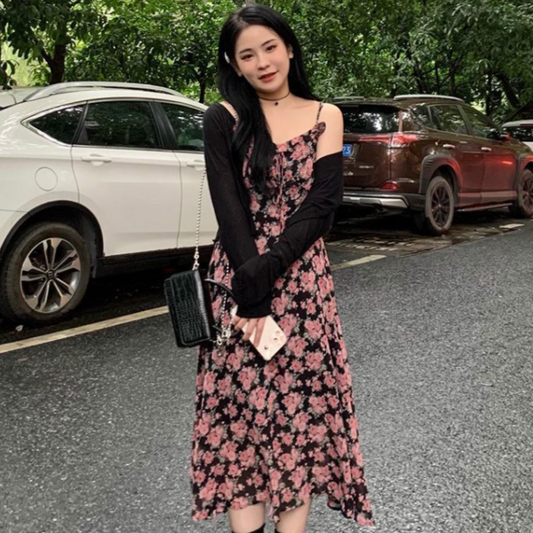 Outfit-Set: Floral Dress + Button-Down Cardigan